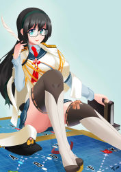 Rule 34 | 10s, 1girl, :d, absurdres, blue background, borrowed clothes, glasses, green eyes, hat, highres, jacket, jacket on shoulders, kantai collection, looking at viewer, map, necktie, ooyodo (kancolle), open mouth, quill, semi-rimless eyewear, smile, solo, thighhighs, thighs, tonaitoo, under-rim eyewear