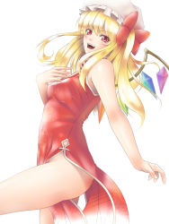 Rule 34 | 1girl, aged up, alternate costume, bad id, bad pixiv id, blonde hair, china dress, chinese clothes, dress, embodiment of scarlet devil, female focus, flandre scarlet, hat, long hair, looking at viewer, mochi.f, no panties, open mouth, red eyes, side slit, simple background, solo, touhou, wings