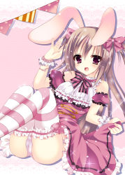 Rule 34 | 1girl, :d, animal ears, bow, breasts, brown hair, detached sleeves, hair bow, hair ribbon, highres, himemiya niina, long hair, looking at viewer, medium breasts, open mouth, original, panties, pantyshot, purple eyes, rabbit ears, ribbon, sitting, smile, solo, sparkle, striped clothes, striped thighhighs, thighhighs, two side up, underwear, white panties, wrist cuffs