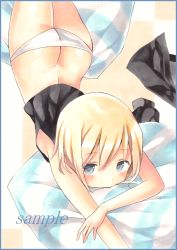 Rule 34 | 1girl, ass, bad id, bad pixiv id, blonde hair, blue eyes, blush, butt crack, camisole, colored pencil (medium), covered mouth, erica hartmann, hair between eyes, looking at viewer, lowleg, lowleg panties, lying, marker (medium), on stomach, panties, potto, sample watermark, short hair, solo, strike witches, thighs, traditional media, underwear, watermark, white panties, world witches series