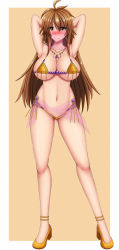 Rule 34 | 1girl, arms behind head, bikini, blush, breasts, brown hair, dancer, embarrassed, genderswap, genderswap (mtf), gold bikini, high heels, high school dxd, high school dxd born, high school dxd hero, high school dxd infinity, high school dxd new, highres, hyoudou issei, jewelry, large breasts, long hair, micro bikini, necklace, revealing clothes, swimsuit, thick thighs, thighs