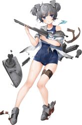 Rule 34 | 1girl, breasts, full body, grey hair, hair between eyes, headgear, hoshiakari (c2 kikan), i-36 (kancolle), kantai collection, machinery, neckerchief, official art, pout, sailor collar, school swimsuit, short hair, solo, swimsuit, swimsuit under clothes, torpedo, transparent background, twintails
