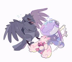 Rule 34 | :d, bird, black sclera, bright pupils, colored sclera, commentary request, corviknight, creatures (company), flying sweatdrops, game freak, gen 8 pokemon, hammer, holding, holding hammer, motion lines, nintendo, no humans, open mouth, oyul o, pokemon, pokemon (creature), red eyes, smile, sparkle, sweat, tinkaton, white pupils