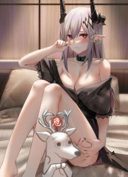 Rule 34 | 1girl, alternate costume, arknights, bed, black choker, black dress, black nails, blush, breasts, censored, choker, cleavage, collarbone, commentary request, dress, hand up, highres, horns, indoors, infection monitor (arknights), knees up, large breasts, long hair, looking at viewer, mudrock (arknights), nail polish, novelty censor, off-shoulder dress, off shoulder, paid reward available, partial commentary, pointy ears, red eyes, ru zhai, short sleeves, silver hair, sitting, solo, thighs