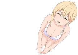 Rule 34 | 10s, 1girl, bare arms, bare legs, bare shoulders, bikini, blonde hair, breasts, cleavage, closed eyes, from above, hair between eyes, happy, kneeling, large breasts, legs, legs together, open mouth, own hands together, simple background, smile, solo, sunohara ayaka, sunoharasou no kanrinin-san, swimsuit, thighs, white background, white bikini