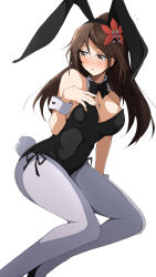 Rule 34 | 1girl, alternate costume, amagi (kancolle), animal ears, black leotard, black neckwear, blush, breasts, brown eyes, brown hair, cleavage, detached collar, fake animal ears, flower, flying sweatdrops, grey pantyhose, hair between eyes, hair flower, hair ornament, hand on own chest, highres, kantai collection, large breasts, leotard, long hair, mole, mole under eye, nel-c, open mouth, pantyhose, playboy bunny, ponytail, rabbit ears, rabbit tail, shadow, simple background, sitting, solo, tail, white background, wrist cuffs