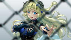 Rule 34 | 1girl, alternate costume, animal ears, black dress, black gloves, blonde hair, blue eyes, blurry, bodystocking, braid, breasts, bridal gauntlets, buru-dai, chain-link fence, commentary request, cross-laced clothes, cross-laced dress, depth of field, dress, fence, frilled dress, frills, gloves, green nails, hair ornament, hairclip, half updo, halterneck, hand on own chest, highres, hololive, horns, large breasts, long hair, looking at viewer, official art, open mouth, outstretched arm, reaching, reaching towards viewer, sheep ears, sheep girl, sheep horns, short ponytail, short sleeves, solo, tsunomaki watame, upper body, virtual youtuber