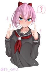 Rule 34 | 1girl, ?, black sailor collar, black shirt, blue eyes, blush, bow, commentary request, hair between eyes, highres, index fingers raised, kantai collection, long sleeves, medium hair, neckerchief, parted lips, pink hair, pointing, pointing up, ponytail, red bow, red neckerchief, sailor collar, sailor shirt, school uniform, serafuku, shiranui (kancolle), shirt, simple background, solo, spoken question mark, tf cafe, twitter username, upper body, white background