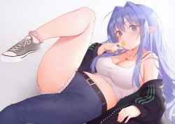 Rule 34 | 1girl, absurdres, ahoge, arm up, asymmetrical clothes, bare legs, bare shoulders, belt, belt buckle, black jacket, blue eyes, blue hair, blush, bra strap, breasts, buckle, candy, cleavage, collarbone, colored eyelashes, cutoffs, denim, eating, elf, food, grey footwear, hair intakes, highres, holding, holding food, jacket, jeans, large breasts, leg up, legs, lollipop, looking at viewer, lying, navel, off shoulder, on back, open clothes, open jacket, original, pants, pointy ears, shoes, single pantsleg, sneakers, solo, strap slip, tank top, unzipped, zhaofeng yinyue