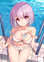Rule 34 | 1girl, arm at side, bare arms, bare shoulders, between breasts, bikini, bison cangshu, blush, breasts, cellphone, cleavage, closed mouth, collarbone, commentary request, day, frilled bikini, frills, from above, gridman universe, head tilt, highres, large breasts, looking at viewer, looking up, navel, outdoors, phone, pool, pool ladder, poolside, purple eyes, purple hair, shinjou akane, short hair, sitting, smartphone, smile, solo, ssss.gridman, swimsuit, thighs, water, white bikini