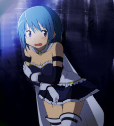 Rule 34 | 10s, 1girl, bare shoulders, blue eyes, blue hair, breasts, buckle, cape, cleavage, embarrassed, frills, gloves, leaning forward, magical girl, mahou shoujo madoka magica, mahou shoujo madoka magica (anime), matching hair/eyes, miki sayaka, rp (necho), short hair, skirt, solo, thighhighs