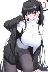 Rule 34 | 1girl, absurdres, alternate hairstyle, arm behind head, black hair, black halo, black jacket, black pantyhose, black skirt, blue archive, breasts, closed mouth, commentary request, hair ornament, hairpin, halo, highres, ichiki 1, jacket, large breasts, long hair, looking at viewer, off shoulder, open clothes, open jacket, pantyhose, pleated skirt, red eyes, ribbed sweater, rio (blue archive), simple background, skirt, solo, sweater, turtleneck, turtleneck sweater, twintails, white background, white sweater