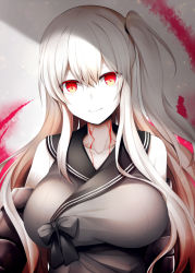 Rule 34 | 10s, 1girl, abyssal ship, aircraft carrier oni, black dress, breasts, closed mouth, collarbone, colored skin, dress, hair between eyes, kantai collection, large breasts, long hair, looking at viewer, md5 mismatch, one side up, pale skin, red eyes, ribbon, rui shi (rayze ray), sailor dress, sidelocks, smile, solo, upper body, veins, white hair, white skin