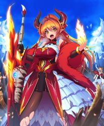 Rule 34 | 1girl, :d, annerose (shingeki no bahamut), anneroze siryou, antenna hair, bare shoulders, breasts, cowboy shot, cygames, dragon girl, dragon horns, dragon tail, dress, earrings, fingernails, fire, flaming sword, flaming weapon, hands on own hips, horns, jewelry, large breasts, long hair, looking at viewer, mel/a, nail polish, official art, open mouth, orange eyes, orange hair, pointy ears, ribbon, shadowverse, sharp fingernails, shingeki no bahamut, slit pupils, smile, solo, stairs, sword, tail, teeth, thighhighs, tongue, torn clothes, torn thighhighs, weapon
