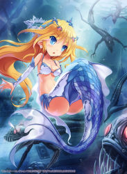 Rule 34 | 1girl, ass, bikini, bikini top only, blonde hair, blue eyes, breasts, cleavage, company name, copyright name, detached sleeves, fangs, fins, fish, gradient background, highres, kankurou, long hair, mermaid, monster, monster collection, monster girl, navel, official art, original, pointy ears, scales, swimsuit, tail, tiara, underwater, webbed hands