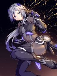 Rule 34 | 1girl, arm strap, black bodysuit, black gloves, blue eyes, bodysuit, boots, breasts, elbow gloves, fu hua, fu hua (shadow knight), gauntlets, gloves, hair between eyes, hair ornament, hand up, highres, honkai (series), honkai impact 3rd, jumping, lightning, long hair, looking at viewer, medium breasts, ponytail, power suit, sidelocks, small breasts, solo, thigh boots, thighhighs, v-shaped eyebrows, wsman