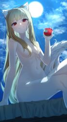 Rule 34 | 1girl, absurdres, animal ear fluff, animal ears, apple, arm support, breasts, brown hair, cloud, cloudy sky, commentary, completely nude, food, food bite, fruit, full moon, grin, hair over breasts, highres, holding, holding food, holding fruit, holo, leegh19769, long hair, looking at viewer, moon, navel, night, nude, outdoors, red eyes, sitting, sky, small breasts, smile, solo, spice and wolf, stomach, tail, very long hair, wolf ears, wolf girl, wolf tail