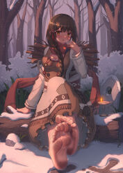 Rule 34 | 1girl, absurdres, arm support, barefoot, blunt bangs, blush, braid, branch, breath, brown eyes, brown hair, candle, dirty, dirty feet, dress, feet, footprints, forest, grass, hair ornament, highres, kafei ji, log, long hair, nature, original, outdoors, patch, scarf, sitting, snow, soles, solo, toenails, toes, very long hair, winter