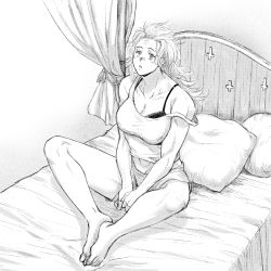 Rule 34 | 1girl, bare arms, bare legs, barefoot, bed, blush, bra, breasts, cleavage, collarbone, cross, curtains, dorohedoro, from above, greyscale, highres, inverted cross, ki (mxxxx), knees apart feet together, knees up, large breasts, long hair, looking at viewer, midriff, monochrome, noi (dorohedoro), on bed, pillow, shorts, sleepy, sleeveless, solo, strap slip, underwear, v arms