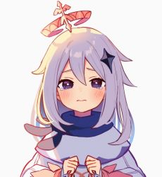 Rule 34 | 1girl, chiroron, closed mouth, crying, crying with eyes open, dress, genshin impact, hair between eyes, hair ornament, halo, paimon (genshin impact), scarf, star (symbol), star hair ornament, tears, white hair