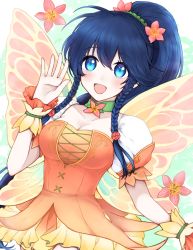 Rule 34 | 1girl, :d, blue eyes, blue hair, braid, breasts, butterfly wings, cleavage, collarbone, dress, fake wings, fire emblem, fire emblem: the sacred stones, fire emblem heroes, flower, hair flower, hair ornament, highres, insect wings, large breasts, misato hao, nintendo, open mouth, pegasus knight uniform (fire emblem), ponytail, short sleeves, side braids, smile, tana (fire emblem), twin braids, wings, wrist cuffs