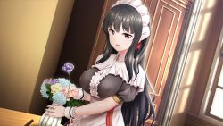 Rule 34 | 1girl, anette (paizuri fiancee), black hair, breasts, covered erect nipples, day, eyebrows, flower, game cg, indoors, large breasts, long hair, looking at viewer, maid, maid headdress, mole, mole under eye, open mouth, original, paizuri fiancee, purple flower, purple rose, red eyes, rose, smile, solo, standing, table, uni8, upper body, vase, window, wrist cuffs, yellow flower, yellow rose