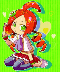 Rule 34 | 1girl, ahoge, andou ringo, apple, black thighhighs, dress, drill hair, food, fruit, full body, green background, green eyes, hair ornament, hairclip, heart, homura-m, kneeling, madou monogatari, name connection, necktie, object namesake, puyo (puyopuyo), puyopuyo, puyopuyo 7, red apple, red dress, red hair, school uniform, shoes, short hair, skirt, solo, sweater vest, thighhighs, twin drills, twintails
