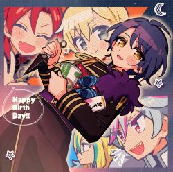 Rule 34 | 5.5, 5boys, black jacket, blonde hair, blue eyes, blue hair, box, closed mouth, commentary request, dutch angle, epaulettes, fang, gift, gift box, hair between eyes, happy birthday, highres, holding, holding gift, holding weapon, idol clothes, idol land pripara, idol time pripara, jacket, kunai, long hair, long sleeves, looking at viewer, male focus, mitaka asahi, multicolored hair, multiple boys, ooedo shinya, open mouth, pink eyes, pink hair, pretty series, pripara, red hair, short hair, smile, speech bubble, standing, streaked hair, takase koyoi, upper body, ushimitsu (pripara), weapon, yellow eyes, yumekawa shogo