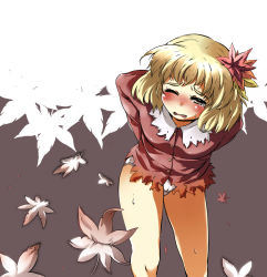 Rule 34 | 1girl, aki shizuha, blonde hair, blush, dissolving clothes, eyebrows, face, female focus, hair ornament, highres, leaf, leaf hair ornament, looking at viewer, mepikari, no pants, open mouth, panties, short hair, solo, tears, thick eyebrows, torn clothes, touhou, underwear, white panties, yellow eyes