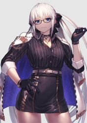 Rule 34 | 1girl, absurdres, belt, black bow, black gloves, black shirt, black skirt, blue eyes, bow, braid, breasts, choker, cleavage, collared shirt, contrapposto, cowboy shot, earrings, fate/grand order, fate (series), french braid, glasses, gloves, grey hair, hair bow, high-waist skirt, highres, jacket, jacket on shoulders, jewelry, large breasts, long hair, long sleeves, looking at viewer, morgan le fay (fate), nakanishi tatsuya, necklace, pencil skirt, ponytail, revision, shirt, sidelocks, skirt, solo, striped clothes, striped shirt, thighs, vertical-striped clothes, vertical-striped shirt, very long hair, white jacket