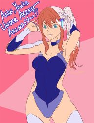 Rule 34 | 1girl, artist request, birdy cephon altera, blue eyes, blue leotard, breasts, cleavage, covered navel, elbow gloves, gloves, impossible clothes, leotard, long hair, looking at viewer, multicolored hair, red hair, smile, solo, standing, tetsuwan birdy, tetsuwan birdy decode, two-tone hair, white hair