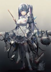 Rule 34 | 1girl, alternate costume, apron, blood, blood on clothes, bloody weapon, breasts, circular saw, cleavage, dress, enmaided, gradient background, halloween, heterochromia, highres, kirisaki shuusei, large breasts, long hair, maid, maid apron, maid headdress, original, saw, shoes, silver hair, solo, standing, thighhighs, twintails, weapon, white apron, white thighhighs