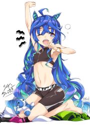 Rule 34 | @ @, animal ears, arm up, armpits, bike shorts, blue hair, breasts, commentary, highres, horse ears, horse girl, horse tail, kugimiya atsuki, long hair, looking at viewer, navel, one eye closed, simple background, small breasts, sports bra, tail, tears, teeth, twin turbo (umamusume), umamusume, very long hair, waking up, white background