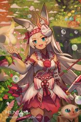Rule 34 | 1girl, :d, animal, animal ear fluff, animal ears, arrow (projectile), artist name, bare shoulders, blue eyes, bow (weapon), breasts, cat, commentary, crossover, dark-skinned female, dark skin, detached sleeves, dragalia lost, english commentary, fake horns, gloves, hair between eyes, hand up, hentaki, highres, holding, holding bow (weapon), holding weapon, horned mask, horns, long hair, long sleeves, mask, mask on head, monster hunter (series), open mouth, parted bangs, quiver, rabbit ears, red skirt, sarisse (dragalia lost), skirt, small breasts, smile, solo, teeth, upper teeth only, very long hair, watermark, weapon, web address, white gloves, white hair, white sleeves