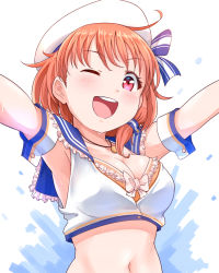 Rule 34 | 1girl, ahoge, armpits, beret, bowtie, breasts, cleavage, hat, jewelry, kanabun, love live!, love live! school idol festival, love live! sunshine!!, midriff, necklace, one eye closed, open mouth, orange hair, red eyes, simple background, solo, takami chika, white bow, white bowtie