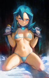 Rule 34 | 1girl, alternate hairstyle, bikini, blue bikini, blue eyes, blue hair, blush, breasts, cape, clair (pokemon), closed mouth, covered erect nipples, creatures (company), earrings, eyelashes, full body, furrowed brow, game freak, gloves, gluteal fold, hair between eyes, hair down, hands up, highres, holding, holding cape, holding clothes, jewelry, kneeling, long hair, looking at viewer, medium breasts, micro bikini, navel, nintendo, pokemon, pokemon hgss, solo, spread legs, stomach, sweat, swimsuit, very long hair, yugen99