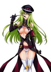 Rule 34 | 1girl, bad id, bad twitter id, belt, boots, breasts, c.c., code geass, elbow gloves, gloves, green hair, hat, holding, holding riding crop, large breasts, looking at viewer, navel, open clothes, peaked cap, riding crop, shiny clothes, shiny skin, solo, standing, thigh boots, thighhighs, whip, white footwear, white thighhighs, yellow eyes, yuuki homura