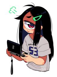 Rule 34 | 1girl, :i, :t, puff of air, ahoge, black hair, blush stickers, closed mouth, clothes writing, cropped torso, cyclops, dated, fingernails, grey background, hair ornament, hairclip, handheld game console, highres, holding, holding handheld game console, long hair, looking at viewer, muku-chan (muroku), muroku (aimichiyo0526), nintendo ds, one-eyed, original, pout, red eyes, short sleeves, signature, simple background, solo, upper body, white background, x x