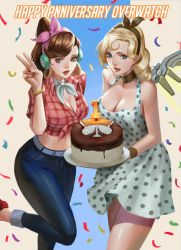 Rule 34 | 1950s (fashion), 1950s (style), anniversary, blonde hair, blue eyes, brown hair, cake, candle, cleavage cutout, clothing cutout, cowboy shot, cruiser d.va, d.va (overwatch), denim, earrings, english text, food, hair ribbon, hoop earrings, jeans, jewelry, john law bc, mercy (overwatch), nail polish, overwatch, overwatch 1, pants, pinup (style), ribbon, wings