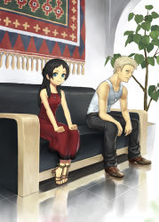 Rule 34 | 1boy, bad id, black hair, blonde hair, blue eyes, couch, couple, cross, denim, dress, high heels, jeans, jewelry, k+, necklace, pants, plant, sandals, shirt, shoes, short hair, sleeveless, sleeveless shirt, smile