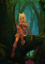 Rule 34 | 1girl, animal ears, bare shoulders, blonde hair, boots, bow (weapon), cat ears, cat tail, green eyes, high heel boots, high heels, highres, in tree, original, short hair, sitting, sitting in tree, solo, sonikey0 0, tail, tree, weapon, wedge heels