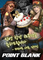 Rule 34 | 3boys, 3girls, ass, bandaid, bandaid on face, beanie, belt, birthday cake, blonde hair, blue eyes, bomb, breasts, cake, camouflage, character request, cleavage, dark skin, explosive, food, fur trim, grey background, grin, hat, korean text, large breasts, lips, midriff, multiple boys, multiple girls, namgwon lee, navel, point blank (game), short hair, short shorts, shorts, smile, thigh strap, thong, translation request