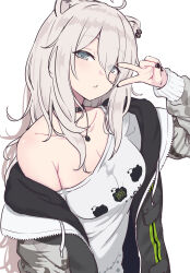Rule 34 | 1girl, absurdres, ahoge, animal ears, black choker, black nails, breasts, choker, cleavage, commentary request, eternaltanbo, grey eyes, grey hair, head tilt, highres, hololive, jacket, lion ears, long hair, long sleeves, looking at viewer, medium breasts, nail polish, off-shoulder shirt, off shoulder, official alternate costume, open clothes, open jacket, shirt, shishiro botan, shishiro botan (casual), simple background, single bare shoulder, solo, upper body, v over eye, very long hair, virtual youtuber, white background, white shirt