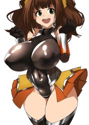 Rule 34 | 1girl, absurdres, armpits, arms up, bare shoulders, black thighhighs, blunt bangs, blush, bodysuit, breasts, brown hair, clothes lift, collarbone, cosplay, covered collarbone, covered erect nipples, covered navel, cowboy shot, female focus, fishnets, from above, gauntlets, gluteal fold, green eyes, hair ornament, hair scrunchie, hands up, happy, highleg, highleg leotard, highres, huge breasts, idolmaster, idolmaster (classic), igawa sakura, igawa sakura (cosplay), kumako (kumakonoh), legs together, leotard, linea alba, open mouth, out of frame, pleated skirt, puffy areolae, scrunchie, shiny clothes, showgirl skirt, simple background, skin tight, skirt, skirt lift, sleeveless, solo, taimanin (series), taimanin asagi, taimanin suit, takatsuki yayoi, thick thighs, thigh gap, thighhighs, thighs, twintails, two-tone skirt, white background, zettai ryouiki