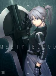 Rule 34 | 00s, 1girl, blue eyes, gloves, highres, huge weapon, lips, looking back, melty blood, nfb-zmc, nose, pile bunker, ponytail, riesbyfe stridberg, shield, silver hair, solo, true apocrypha, tsukihime, weapon