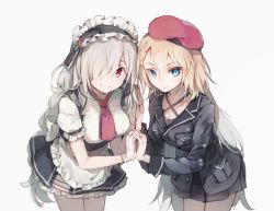 Rule 34 | 2girls, apron, beret, blonde hair, blue eyes, breasts, cleavage, cosplay, costume switch, g36 (girls&#039; frontline), g36c (girls&#039; frontline), girls&#039; frontline, gloves, grey hair, hair over one eye, hat, holding hands, imoko (imonatsuki), interlocked fingers, large breasts, long hair, looking at viewer, maid apron, maid headdress, medium breasts, multiple girls, red eyes, skirt, white gloves