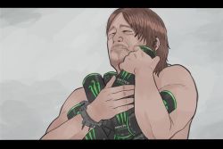 Rule 34 | 1boy, beard, brown hair, closed mouth, death stranding, energy drink, closed eyes, facial hair, grey background, highres, kaika, letterboxed, male focus, monster energy, parody, product placement, sam porter bridges, solo, upper body, watch