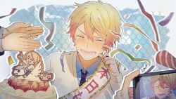 Rule 34 | 1boy, ^ ^, ^o^, blonde hair, cake, closed eyes, confetti, crying, food, hand up, happy tears, kamiyama high school uniform (project sekai), male focus, out of frame, party popper, pppuuunnniii, project sekai, recording, school uniform, smile, solo focus, tears, tenma tsukasa