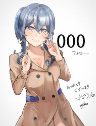 Rule 34 | 1girl, artist name, blue eyes, blue hair, breasts, brown coat, cleavage, clenched hand, coat, collarbone, commentary request, cowboy shot, earrings, gotland (kancolle), hair bun, highres, jewelry, kantai collection, long hair, looking at viewer, milestone celebration, miyako (rgrayt), mole, mole under eye, simple background, single hair bun, smile, solo, white background