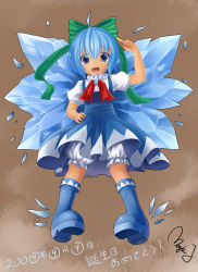 Rule 34 | absurdres, bloomers, blue eyes, blue hair, boots, bow, cirno, dress, highres, majicjiang, open mouth, solo, touhou, touhou hisoutensoku, underwear, wings